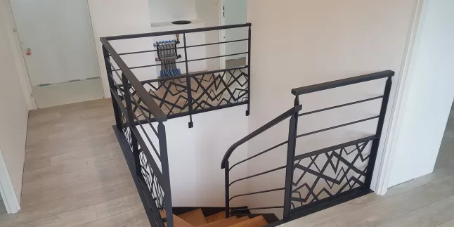 Garde corps en acier, poteaux plats, 2 lisses D.13, soubassement en habillage décoratif cardiaque, main courante 50x30 mm en acier.