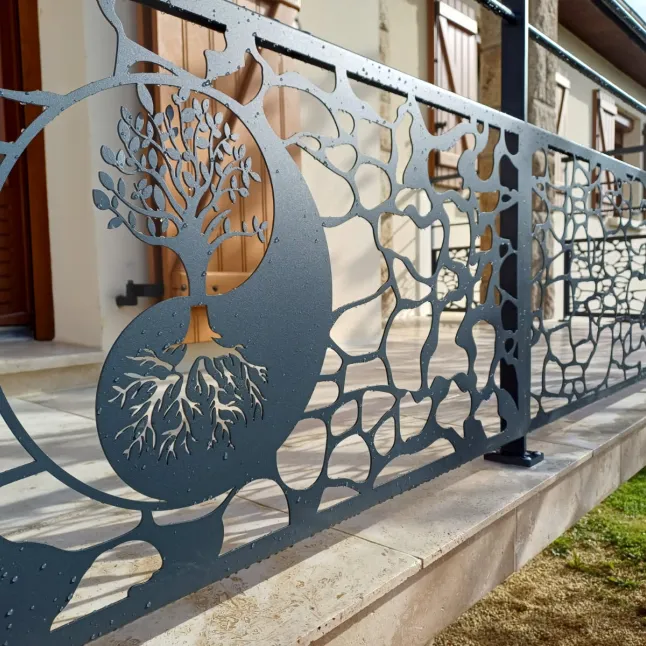 Composition: Garde corps d'escalier: Poteaux plats, lisses. Garde corps droits: Poteaux plats, lisses et soubassement en habillage décoratif "pierre+arbre ying yang", main courante en tube rectangle. Laquage ral 7016+ FT 53600 EVRON